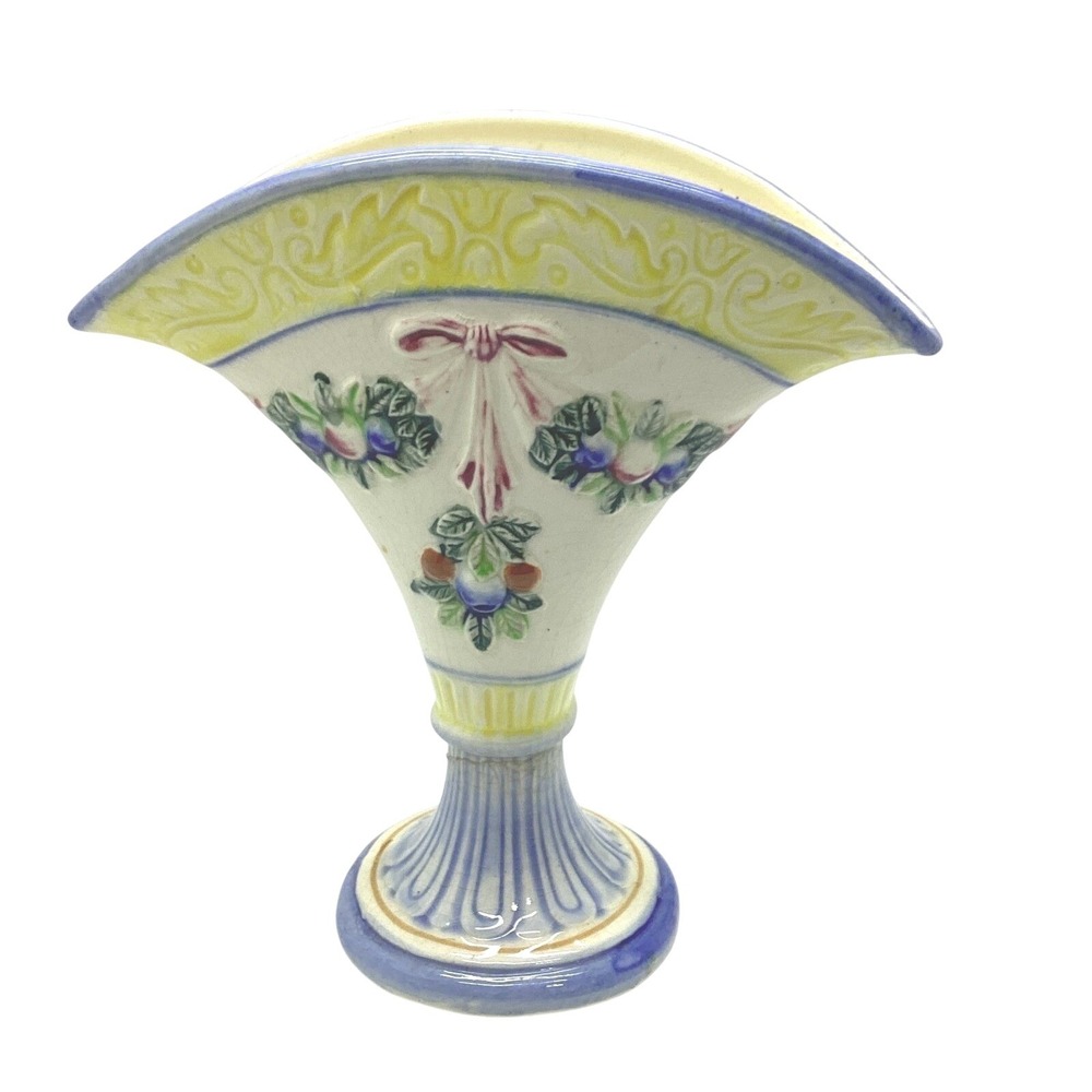 Vintage Maruhon Ware Japan Hand Painted Fan Vase Art Deco Fruit Bow Relief